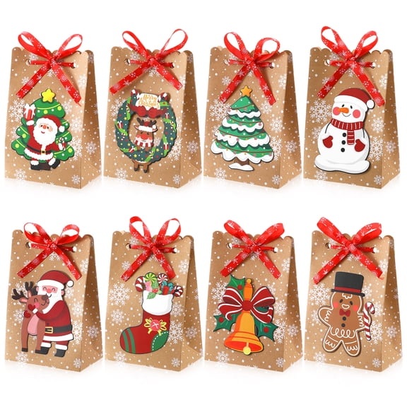 sixwipe 24 Pack Christmas Craft Paper Treat Bags, 8 Assorted Christmas Designs Party Bags with 24 Pieces Red Bows, Small Xmas Gift Bags for Holiday Party Decorations