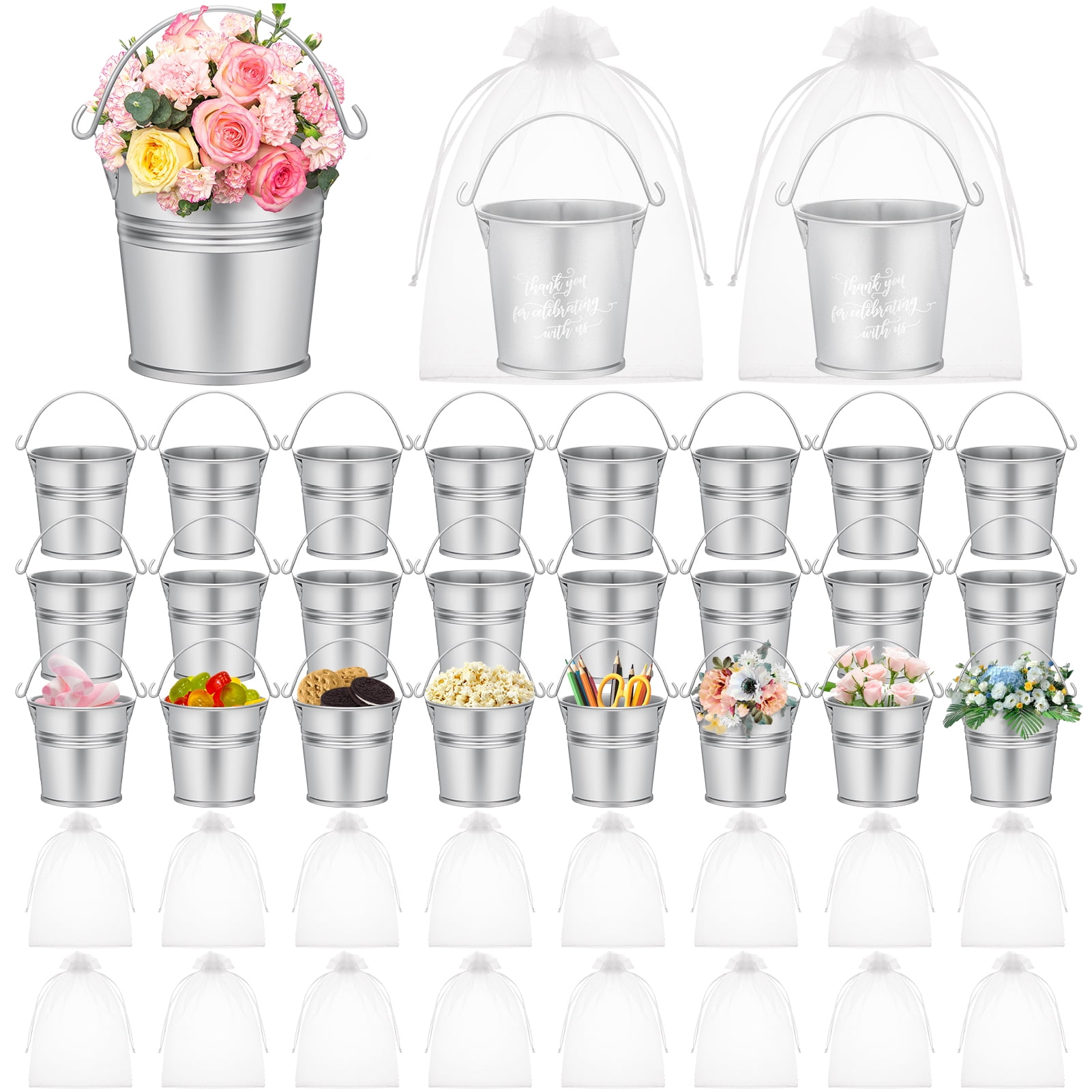 sixwipe 24 Pack Mini Metal Buckets and 24 Pack White Organza Bags, Tiny