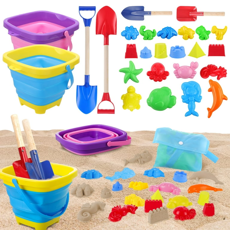 Sixwipe 27 Pcs Collapsible Sand Bucket and Shovel Set Beach Toys with Sand Molds for Kids Age 3 10 Walmart