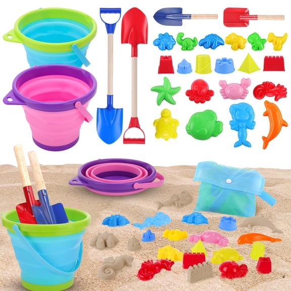 sixwipe 27 Pcs Beach Toys for Kids, Collapsible Sand Bucket and Shovels Set with Mesh Bag & Sand Molds, Sand Castle Toys for Beach, Travel Sand Toys for Beach, Sandbox Toys for Toddlers Kids Age 3-10