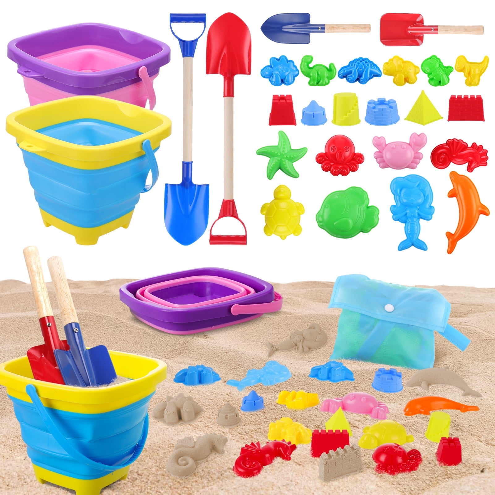 Sixwipe 27 Pcs Collapsible Sand Bucket and Shovel Set, Beach Toys with Sand Molds for Kids Age 3-10
