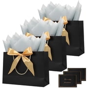 sixwipe 3 Pcs Elegant Gift Bags Gift Boxes, Black and Gold Present Bags with Ribbon, Tissue Paper and Card, Reusable Pouches,Ideal Gift Bags for Birthday, Valentines Day, and Small Essentials