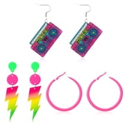 sixwipe Womens 80s Neon Earrings, 3 Styles Exaggerated Retro Costume Accessories, 3 Pairs