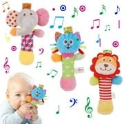 sixwipe 3 Pcs Baby Soft Rattles Toys, Baby Sensory Rattle Toys, Plush Animal Rattle Toys, Infant Squeak Sound Sensory Toys for 0-6 Months Newborn