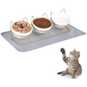 sixwipe 3 Pcs Cat Food Bowls, Ceramic 16.9 oz Upgraded with Stainless Steel Stand Non-Slip, Anti-Rust Elevated Raised Cat Bowls for Food and Water, Pet Dishes Bowl for Indoor Cats and Puppy(Cat Bowls with Mat)