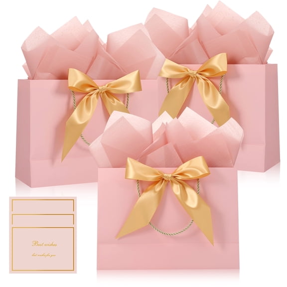 sixwipe 3 Pcs Elegant Gift Bags Gift Boxes, Pink and Gold Present Bags with Ribbon, Tissue Paper and Card, Reusable Pouches for Birthday, Valentine's Day, Gift Package and Small Business Essentials