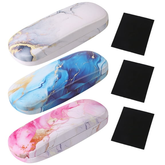 sixwipe 3 Pcs Hard Shell Eyeglasses Case, Portable Protective Glasses Cover Eyeglass Holder Box with Cleaning Cloth for Men Women(Glittering Marble)