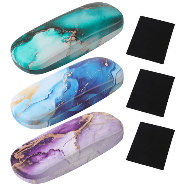sixwipe 3 Pcs Hard Shell Eyeglasses Case, Portable Protective Glasses Cover Eyeglass Holder Box with Cleaning Cloth for Men Women(Ocean Marble)