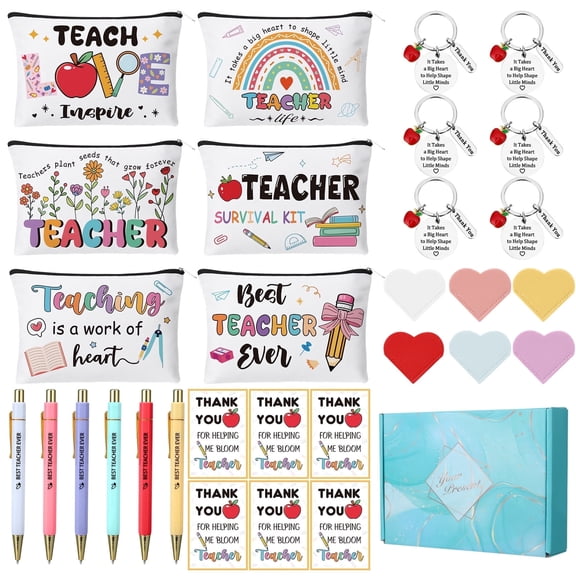 sixwipe 30 Pcs Teacher Appreciation Gifts Bulk, Includes Makeup Bags, Keychains, Bookmarks & Thank You Cards, Back to School Teacher Gift Set for Women Men, Classroom Welcome Gifts