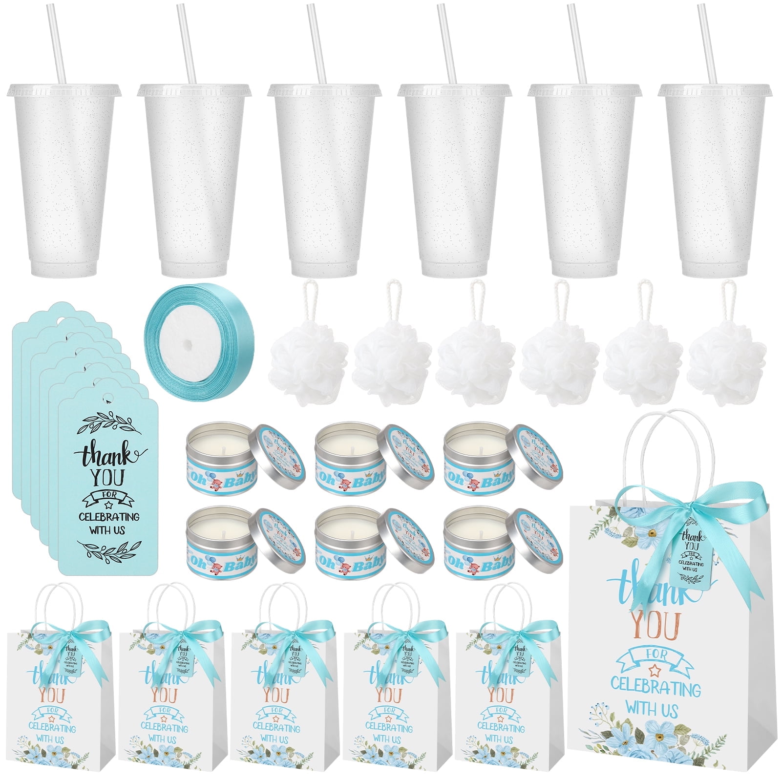 sixwipe 31 Pcs Baby Shower Game Prizes for Winners, Baby Shower Favor Gifts, Baby Shower Player Winner Gifts with Plastic Tumbler, Scented Candles, Card, Gift Bag, Bath Ball and Ribbon