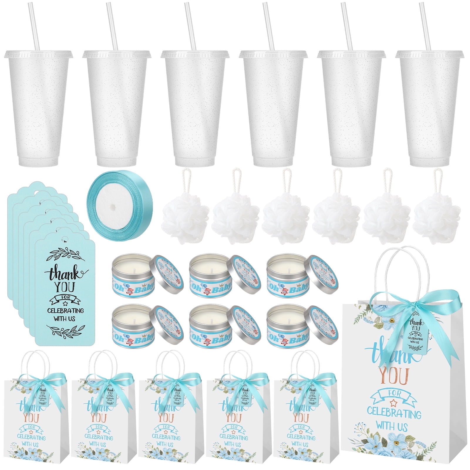 sixwipe 31 Pcs Baby Shower Game Prizes, Baby Shower Favor Gifts, Baby Shower Player Winner Gifts with Plastic Tumbler, Scented Candles, Card, Gift Bag, Bath Ball and Ribbon