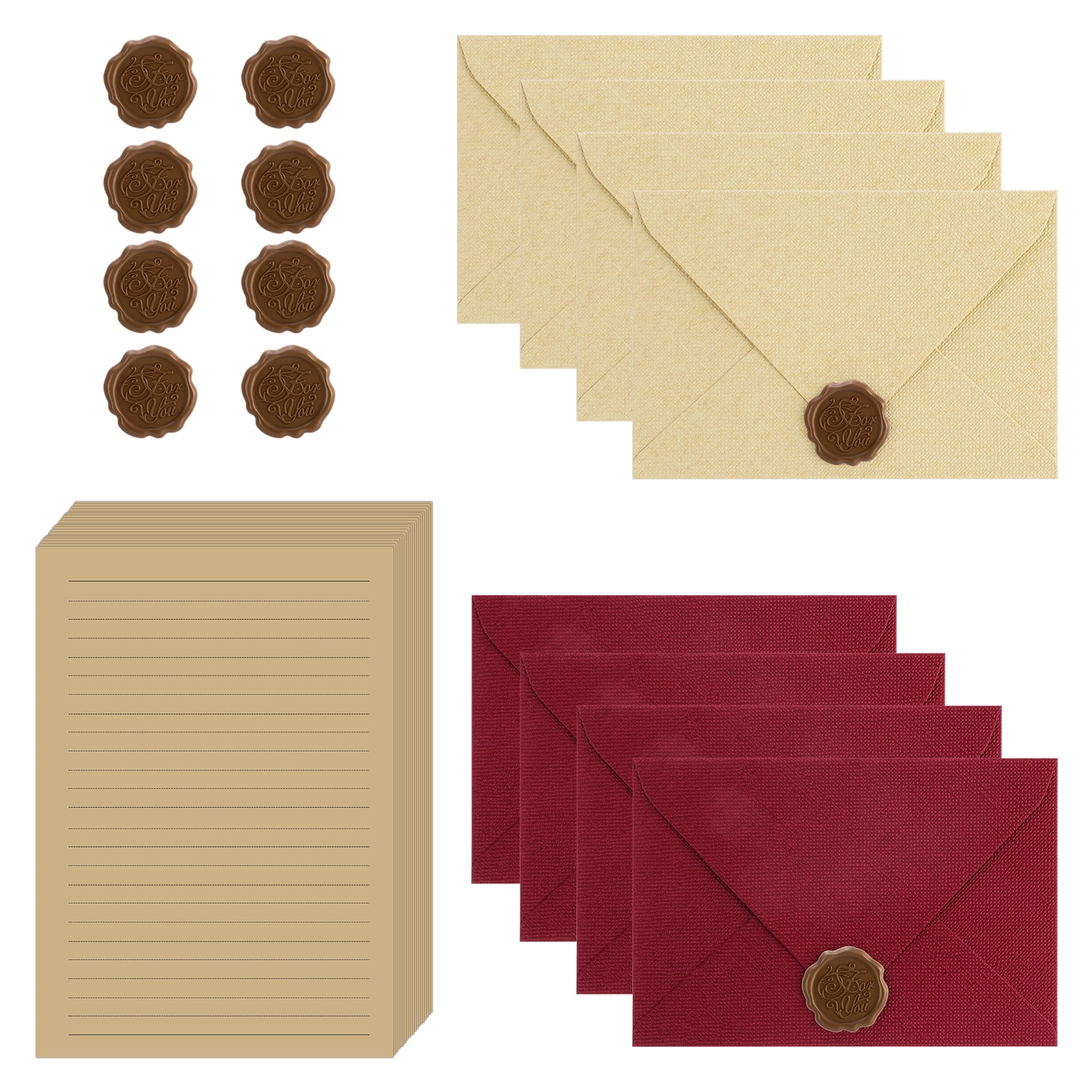 sixwipe 36 Pcs Vintage Stationery Paper and Envelopes Set, 20 Kraft Lined Letter Paper and 8 Linen Envelope with 8 Wax Double-Sided Adhesive Seals, Stationery Set for Holiday Party Invitations
