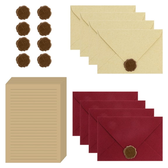 sixwipe 36 Pcs Vintage Stationery Paper and Envelopes Set, 20 Kraft Lined Letter Paper and 8 Linen Envelope with 8 Wax Double-Sided Adhesive Seals, Stationery Set for Holiday Party Invitations