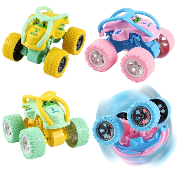 sixwipe 4 Pack 360° Rotating Monster Truck Toys, Friction Powered Push and Go Off-Road Vehicles for Kids Ages 3-8, Car Toys for Boys and Girls
