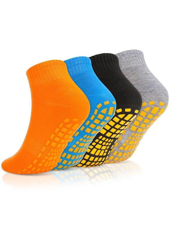 4 Pairs Non Slip Grip Socks, Anti Slip Socks with Cushion, Full Toe Ankle Fall Prevention Grip Socks, Non Skid Socks for Yoga, Pilates, Dance, Ballet, Women