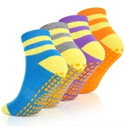 sixwipe 4 Pairs Non Slip Grip Socks, Anti Slip Socks with Cushion, Full Toe Ankle Fall Prevention Grip Socks, Non Skid Socks for Yoga, Pilates, Dance, Ballet, Women
