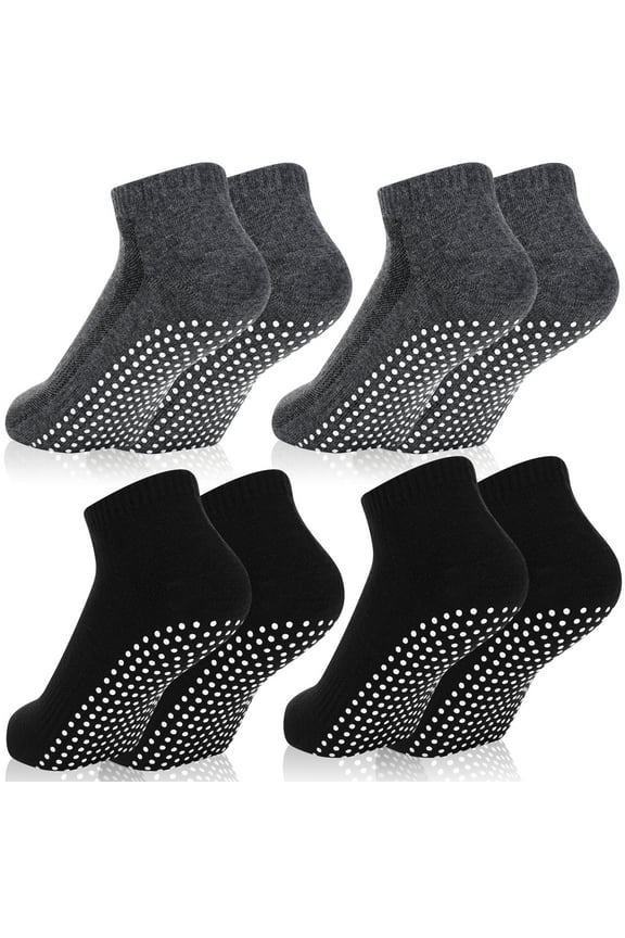 4 Pairs Non Slip Socks with Grip, Anti Slip Socks with Cushion,Full Toe Ankle Fall Prevention Socks with Grip,Non Skid Socks for Yoga,Pilates,Dance,Ballet,Men,Women(Black, dark gray)