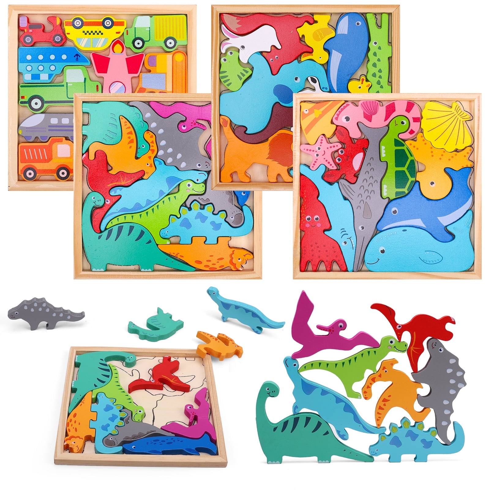 sixwipe 4 Sets Wooden Puzzles for Kid with Stacking Blocks, 2 In 1 Educational and Learning Gift Toys for 3+ Year Old Boy Girl - Dinosaur, Forest Animals, Marine Animals, Vehicles