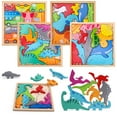 thumbnail image 1 of sixwipe 4 Sets Wooden Puzzles for Kid with Stacking Blocks, 2 In 1 Educational and Learning Gift Toys for 3+ Year Old Boy Girl - Dinosaur, Forest Animals, Marine Animals, Vehicles, 1 of 7