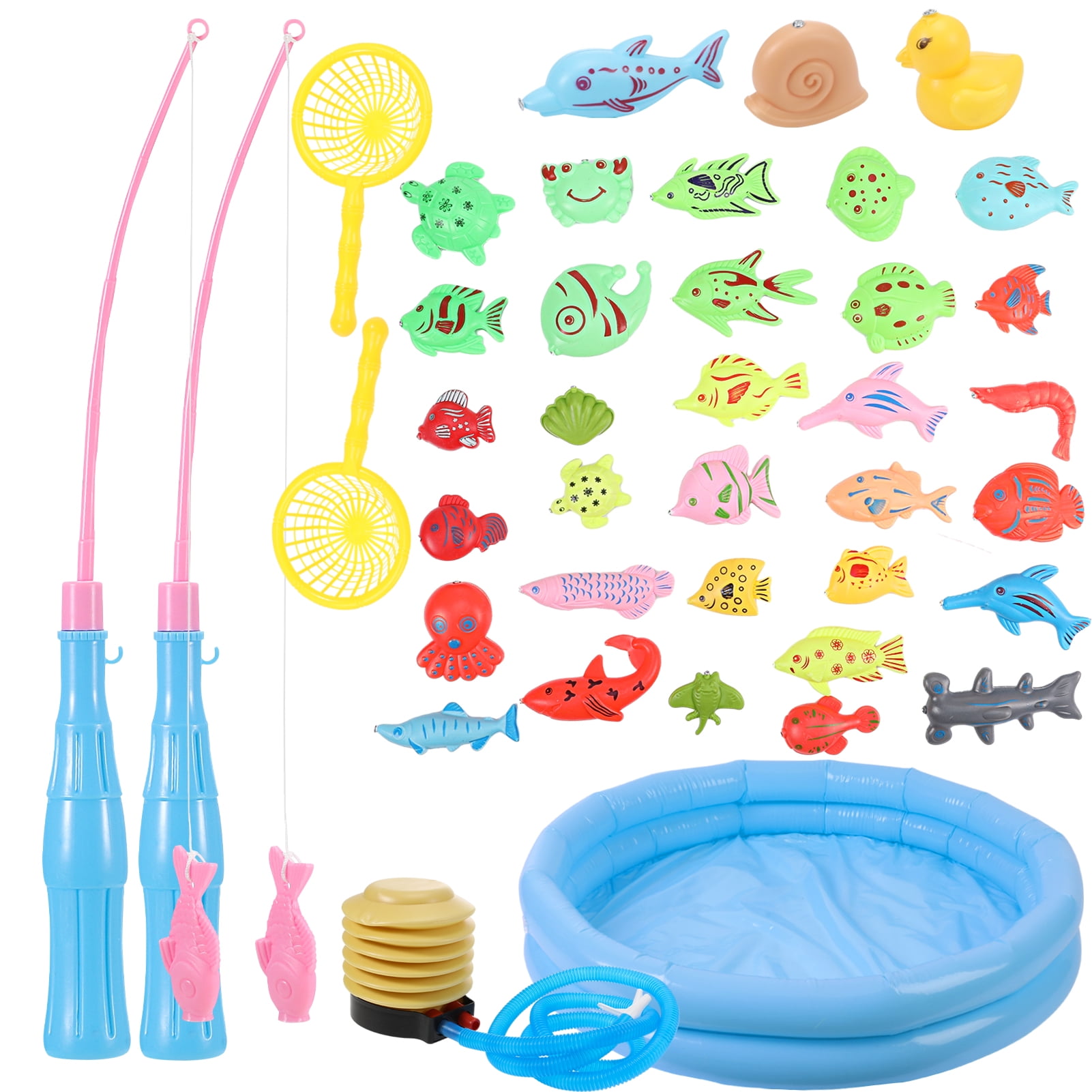 Kids Magnetic Fishing Pool Toys Game Water Table Bathtub Kiddie Toy with  Pole Rod Net Plastic Floating Fish Toddler Color Ocean Sea Animals 