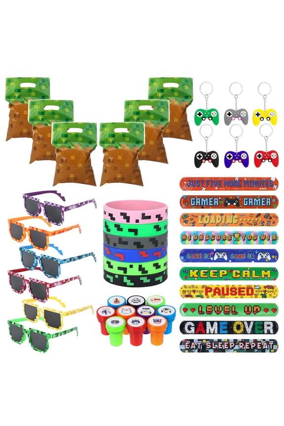 44 PCS Video Game Party Favors for Kids, Including Goodie Bags, Glasses, Slap Bracelets, Keychains, Stamps, More-Perfect for Theme Party Decorations and Pinata Fillers