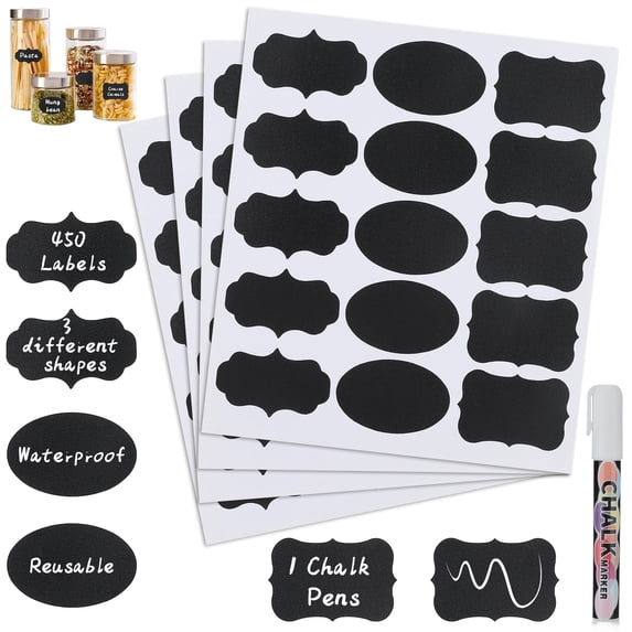 sixwipe 450 Pcs Chalkboard Labels, Waterproof Reusable Blackboard Stickers, Mini Decorative Chalk Labels, Reusable Chalk Label for Storage Bin, Food Container, Jars