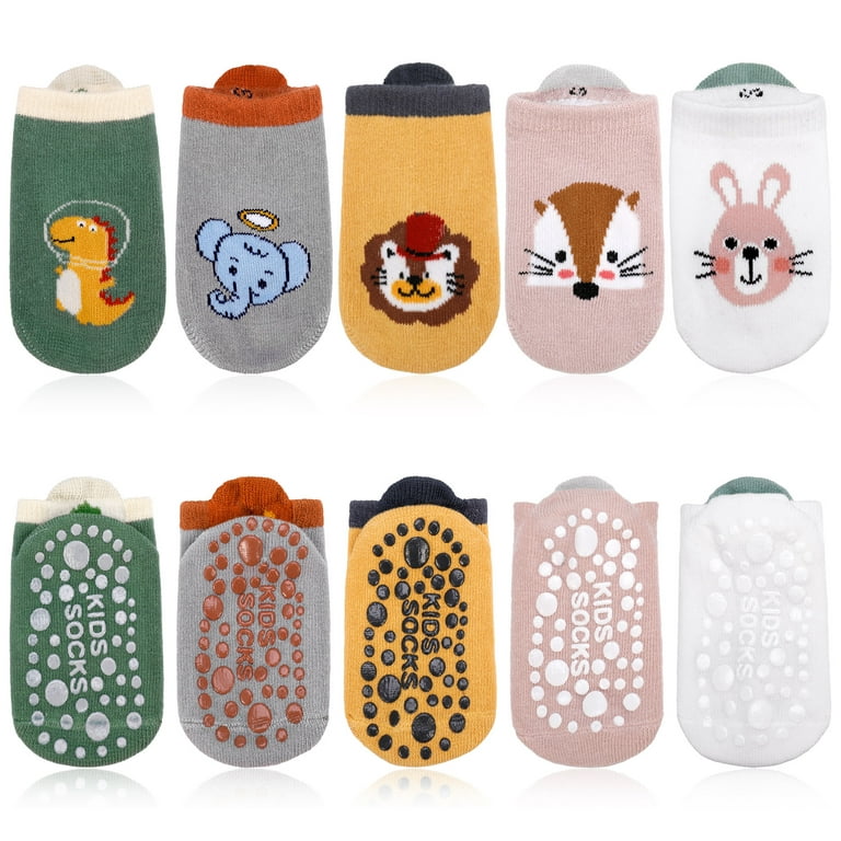 sixwipe 5 Pairs Non Slip Toddler Grip Socks, Cotton Animal Ankle Socks,  Baby Non Slip Socks, Unisex Toddler Socks with Grip, Anti-Slip Cotton Socks  for Infant 0-12 Month(S) 