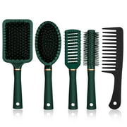 sixwipe 5 Pcs Hair Brush and Comb Set Round Brush Paddle Brush, Detangling Hair Brush for Men and Women, Great On Wet or Dry Hair, No More Tangle Hairbrush for Long Thick Thin Curly Natural Hair(Green)