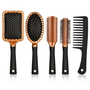 sixwipe 5 Pcs Hair Brush and Comb Set Round Brush Paddle Brush, Detangling Hair Brush for Men and Women, Great On Wet or Dry Hair, No More Tangle Hairbrush for Long Thick Thin Curly Natural Hair(Yellow)