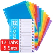 sixwipe 60-Tab Binder Dividers, 5-Set Plastic Notebook Dividers with 12 Tabs, 11-Hole Punched for 3-Ring Binders, Office & School Supplies