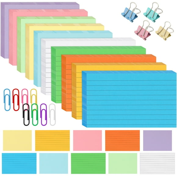 sixwipe 500PCS Color Index Cards, 80Pcs Safety Pin and 20Pcs Clips, 3x5 Ruled Notecards Blank Note Flash Cards Business Cards for Studying Taking To Do List
