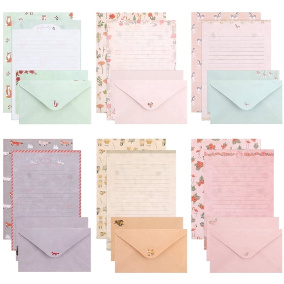 sixwipe 54 Pcs Stationery Set with Envelopes, 36 Writing Paper and 18 Envelopes, Cute Lined Stationery Paper with 60 Round Dot Label Seals for Writing Letters Invitations Poem