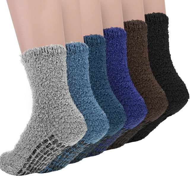 sixwipe 6 Pairs Fuzzy Socks for Men with Grip, Non Slip Fuzzy Socks for Men, Winter Fluffy