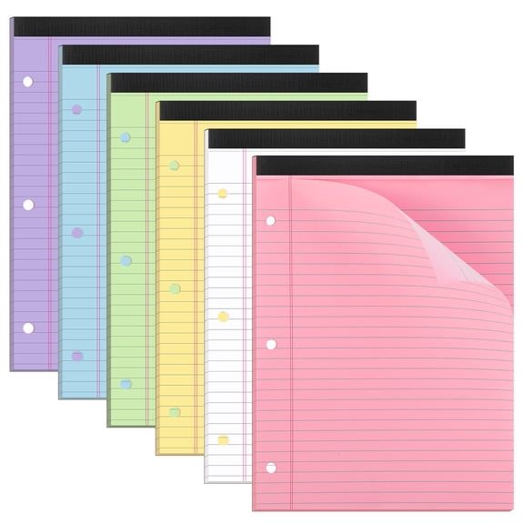 sixwipe 6pcs Legal Pads 8.5x11, Assorted Colored Wide/College Ruled Writing Pads, 3-Hole Punched Micro Perforated Pages with Sturdy Back, 30 Sheets Per Notepad for Office