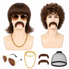 sixwipe 7 Pack 70s 80s Disco Wig Set, Short Brown Mens Mullet Wig, Kinky Curly/Straight Wigs with Mustache Glasses and Chain, Funny Costume Wigs for Rocker Hippies Halloween Cosplay Party