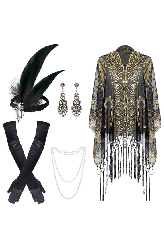 7 Pcs 1920s Flapper Accessories Set for Women, Roaring 20s Accessories with Vintage Dress Shawl, 1920s Women Outfits Costume for Women Cosplay Party Favor Bachelorette Party