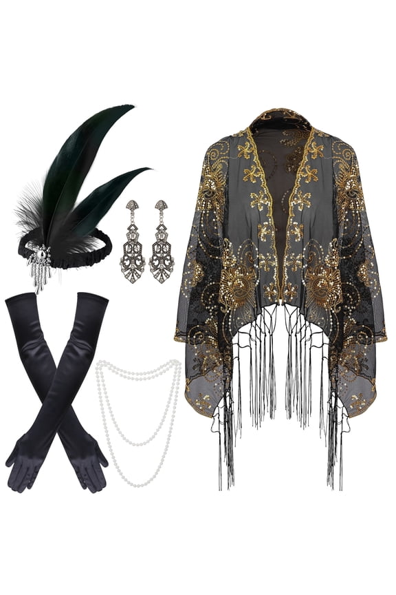 7 Pcs 1920s Flapper Accessories Set for Women, Roaring 20s Accessories with Vintage Dress Shawl, 1920s Women Outfits Costume for Women Cosplay Party Favor Bachelorette Party
