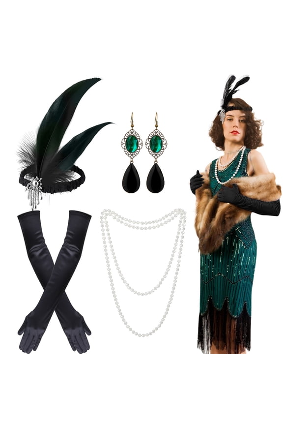 7 Pcs 1920s Flapper Accessories Set for Women, Roaring 20s Accessories with Vintage Dresses, 1920s Women Outfits Costume for Women Cosplay Party Favor Bachelorette Party