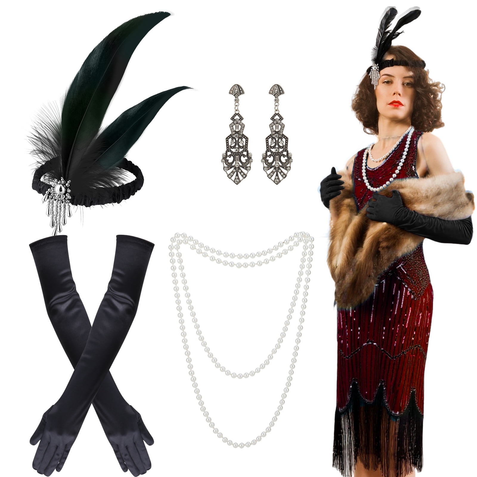 sixwipe 7 Pcs 1920s Flapper Accessories Set for Women 