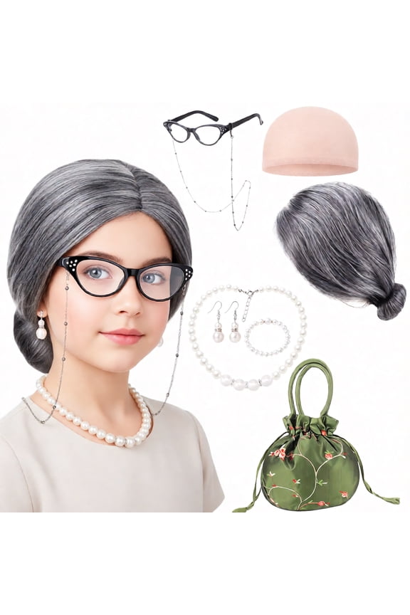 7 Pcs Old Lady Costumes, Complete 100th Day of School Outfit with Cute Embroidered Handbag, Gray Wig, Glasses, Earrings and Necklace Set for School Dress Up Party