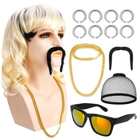 sixwipe 70s 80s Retro Rocker Mullet Wig Set for Men, Beige Blonde Wig with Mustache, Sunglasses, Golden Necklace & Earrings, Halloween Disco Hippie Cosplay Costume Accessories