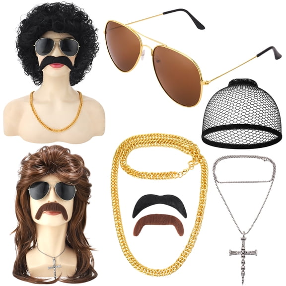 sixwipe 8 Pack 70s 80s Mullet Wigs Set for Men, Disco Wigs with Mustache Glasses and Chain, Kinky Curly/Straight Wigs, Funny Costume Wigs for Rocker Hippies Halloween Cosplay Party