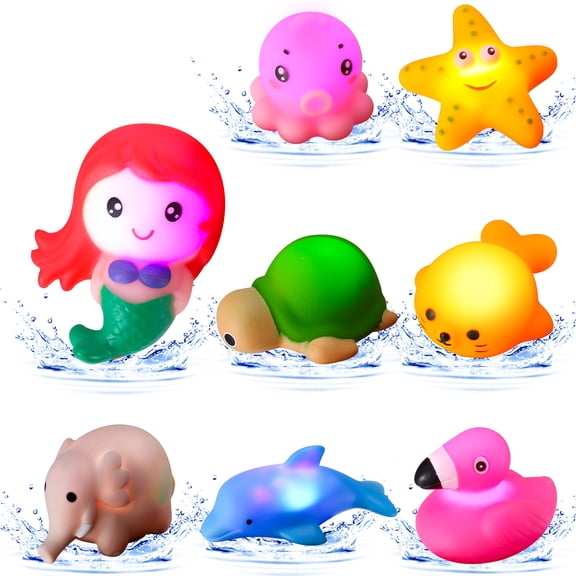 sixwipe 8 Pack Light Up Bath Toys, Water Activated LED Bathtub No Hole Toys Set, Glowing Flashing Cartoon Sea Land Animals, for Toddlers 3+, Bath Time & Pool Party Fun, Gifts for Kids Boys Girls