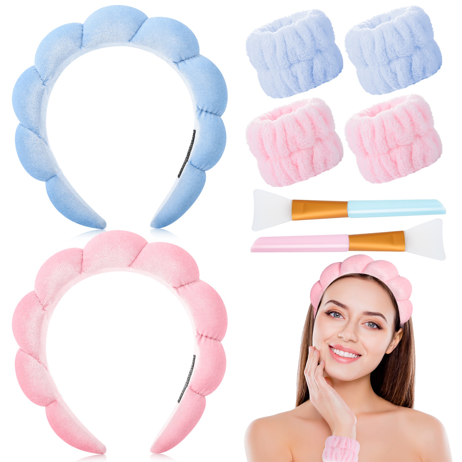 sixwipe 8 Pcs Sponge Headband and Wristband Set, Sponge Spa Headband