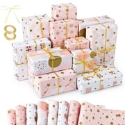 sixwipe 8 Sheets Pink Birthday Wrapping Paper, Wave Heart Star Gift Wrap Paper with 2 Roll 30 ft Ribbons, 27.55'' x 19.68'' Folded Flat Copper Paper for Women Girl Birthday Baby Shower Supplies