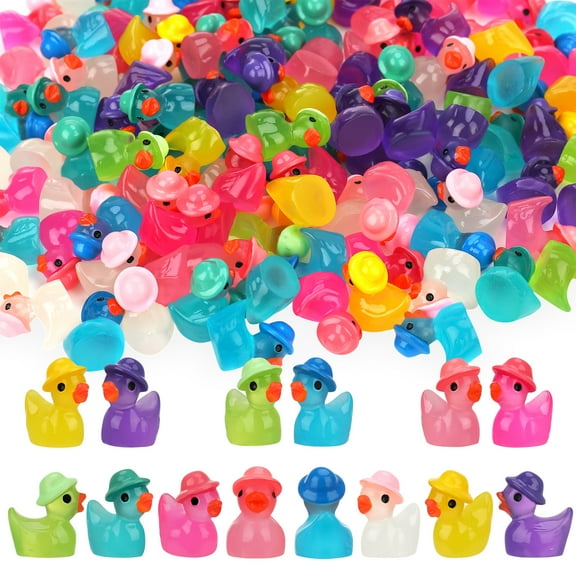 sixwipe 80 Pack Luminous Mini Resin Ducks, Mini Ducks Tiny Duck Miniature Duck Figures Wearing Hat, Glow in The Dark DIY Crafts Cake Decor for Micro Landscape Dollhouse Garden