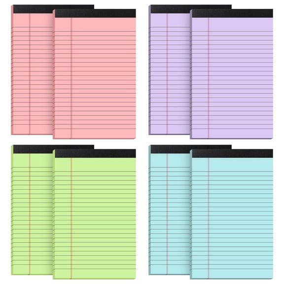 sixwipe 8Pcs Small Legal Pads, 5*8 InchColored Writing Pads, Multicolor Perforated Note Pads with Sturdy White Back, Writing Pad, 50 Sheets Per Notepad for School, Home, Office