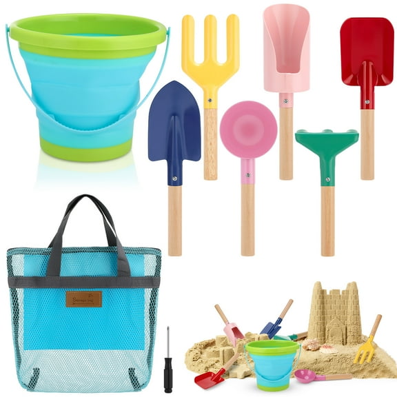 sixwipe 9 Pcs Beach Toys for Kids, Kids Sand Toys Set, Sand Bucket and Metal Sand Shovel with Sturdy Wooden Handle, Cylinder, Spoon, Fork, Rake, Flat and Pointed Shovel, Gifts for Children