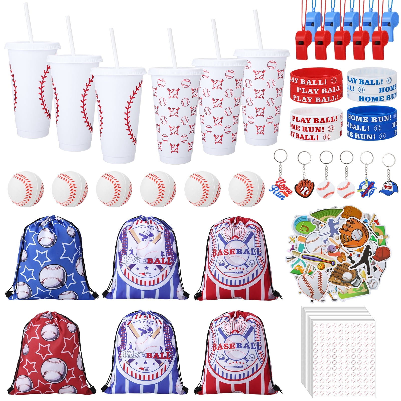 sixwipe 99 Pcs Baseball Party Favors, Baseball Goodie Bag Stuffers with Mini Stress Balls, Baseball Party Cups, Keychains, Stickers Bulk for Baseball Themed Birthday Party Supplies, Classroom Reward