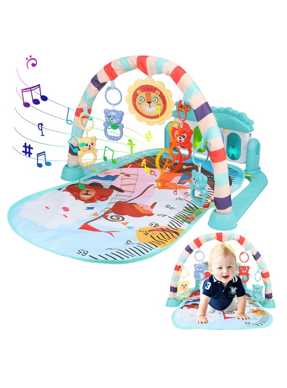 sixwipe Baby Play Mat, Baby Gym Piano with Music & Lights, Musical Activity Mat, Playmat with 5 Rattle Toys, Thicked Playmats & Floor Gyms for Newborn 0-36 Months Baby(Green)